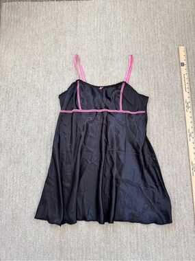 Annabelle Black Satin Chemise with Pink Trim